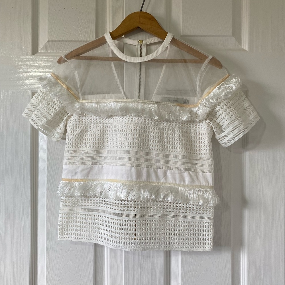 Three Floor White Lace and Fringe Mesh Top